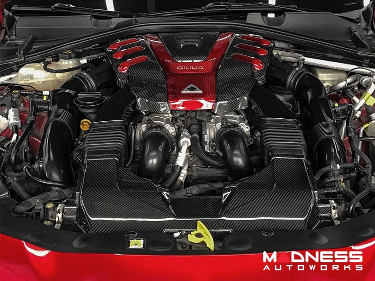 Alfa Romeo Giulia Engine Cover Carbon Fiber w/ Red Center + Red